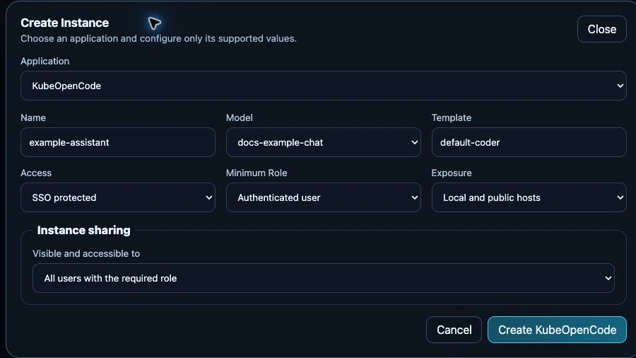 Create Instance dialog with a ready model selected, SSO protection, minimum role, exposure and instance sharing controls.