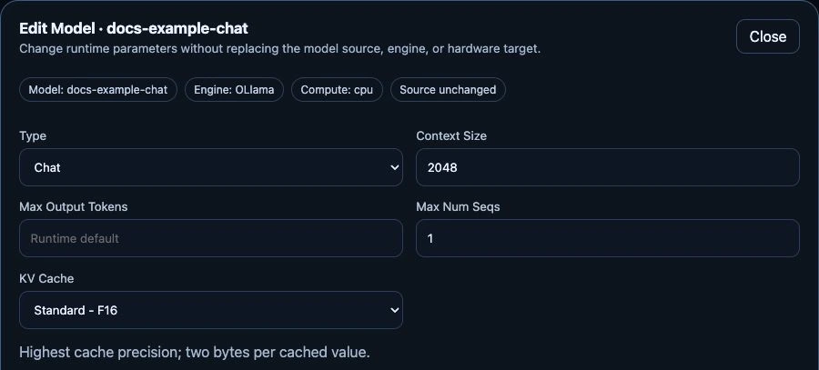 Model editing dialog with type, context size, output limit, concurrency and KV-cache settings.